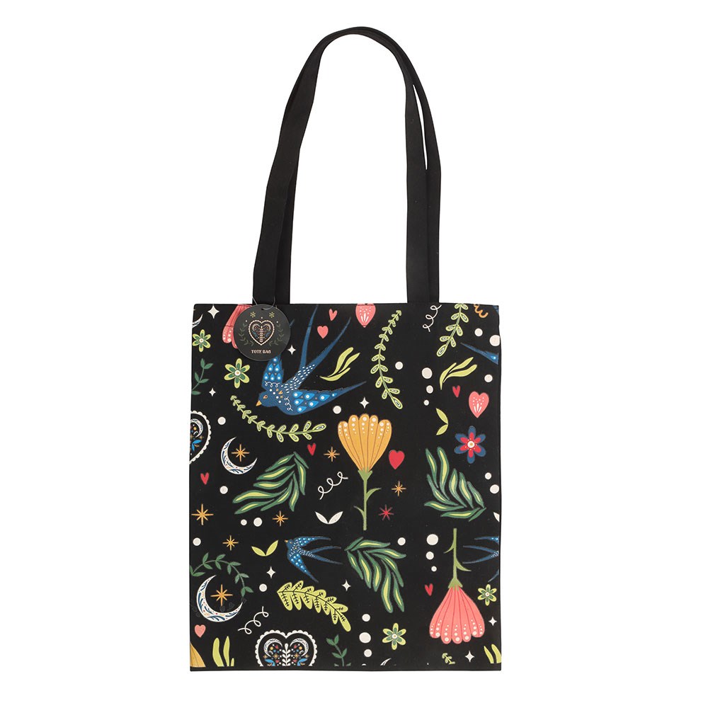 Midnight Bloom Folk Art Blue Swallow Polycotton Tote Bag