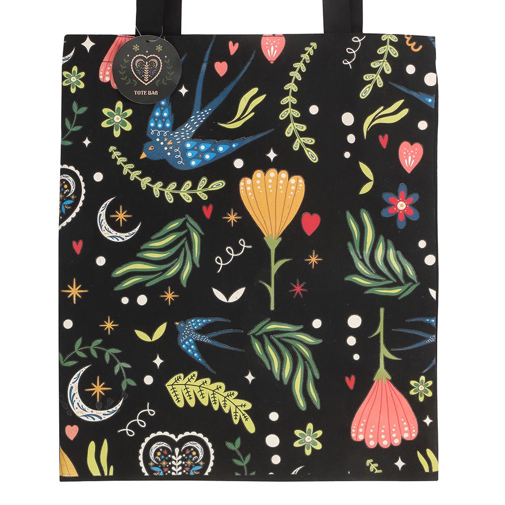 Midnight Bloom Folk Art Blue Swallow Polycotton Tote Bag