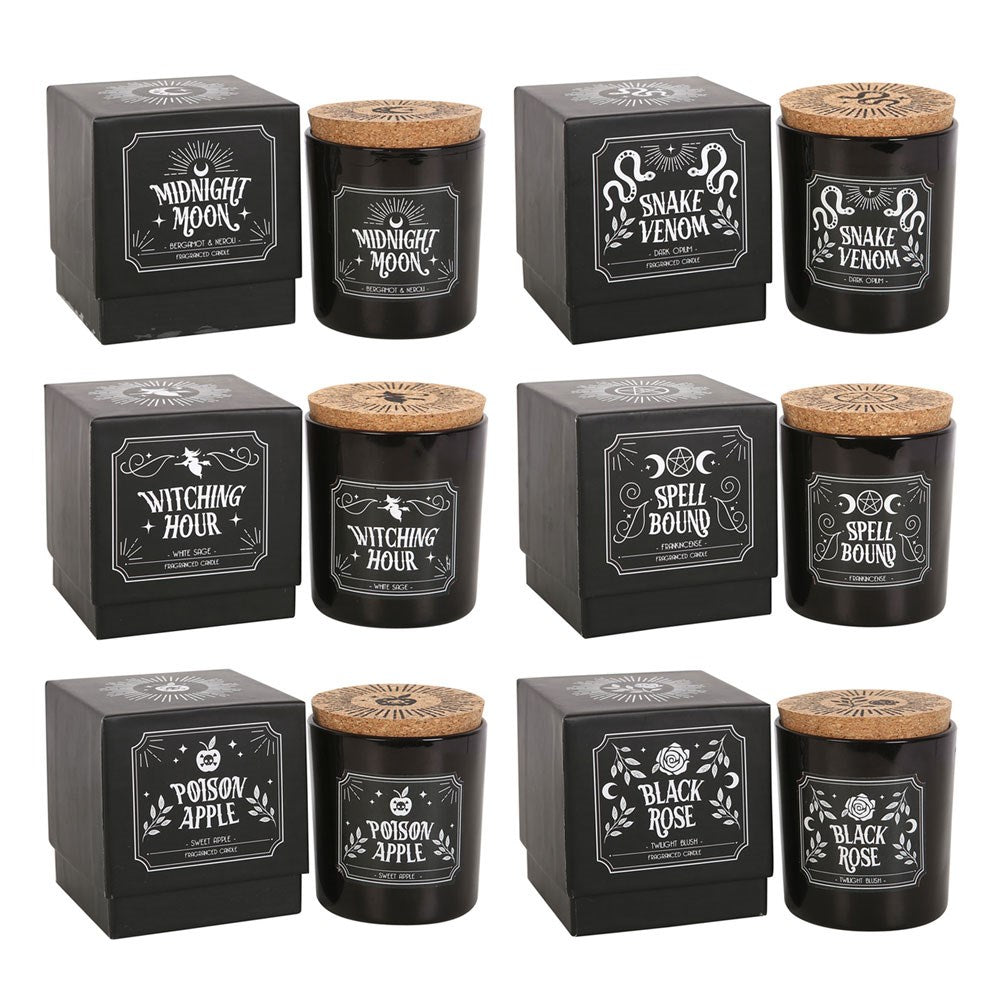 Six hauntingly beautiful fragranced candles in striking black glass jars with cork lids, each with its own dark and mystical scent. Perfect for gifting or treating yourself.