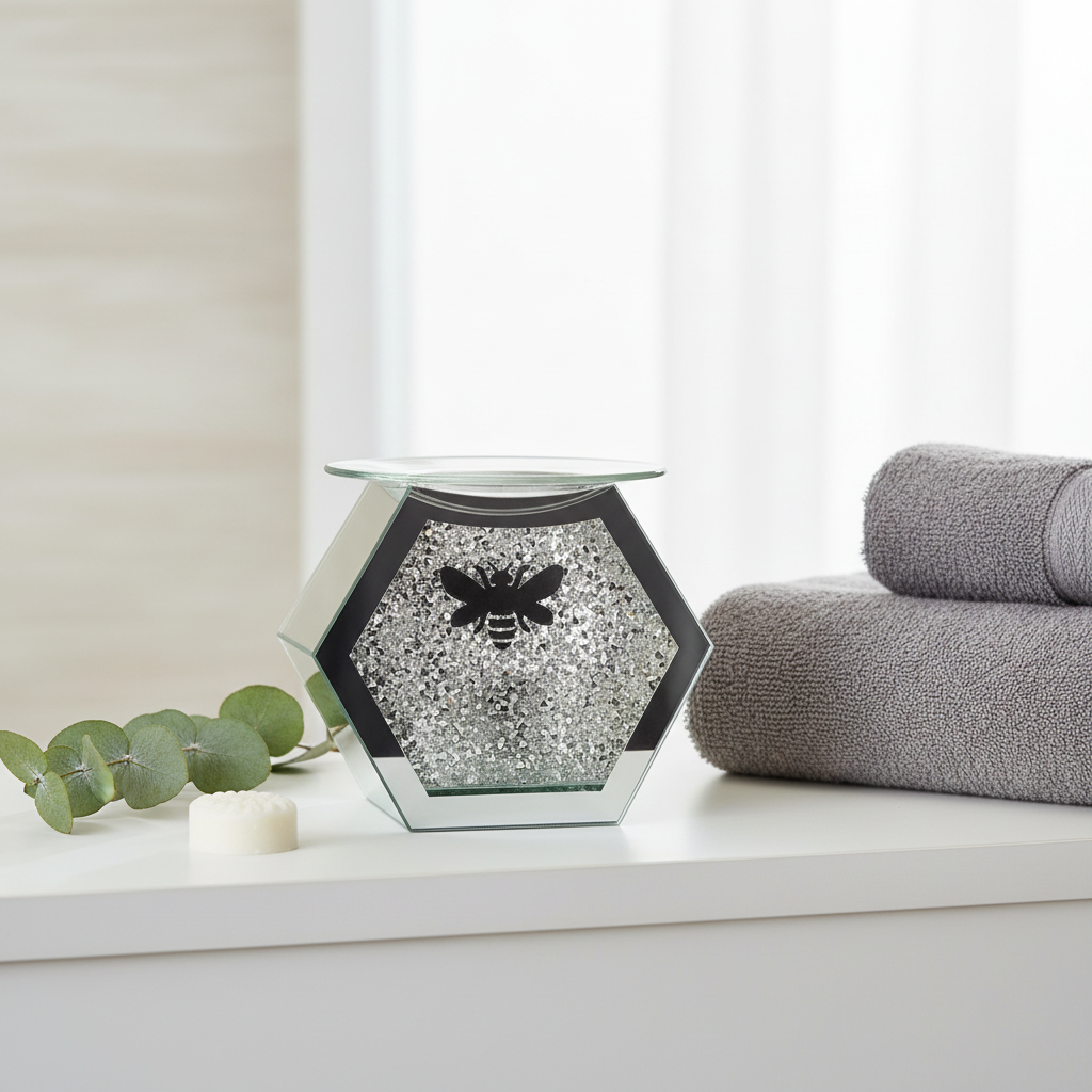 Glass mirrored bee oil burner on white bathroom shelf with grey towels and eucalyptus sprig