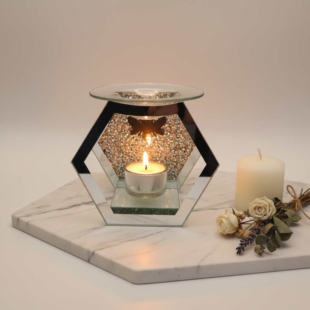 Hexagonal mirrored glass bee oil burner with crushed crystal fill, glowing tealight on marble surface with dried flowers