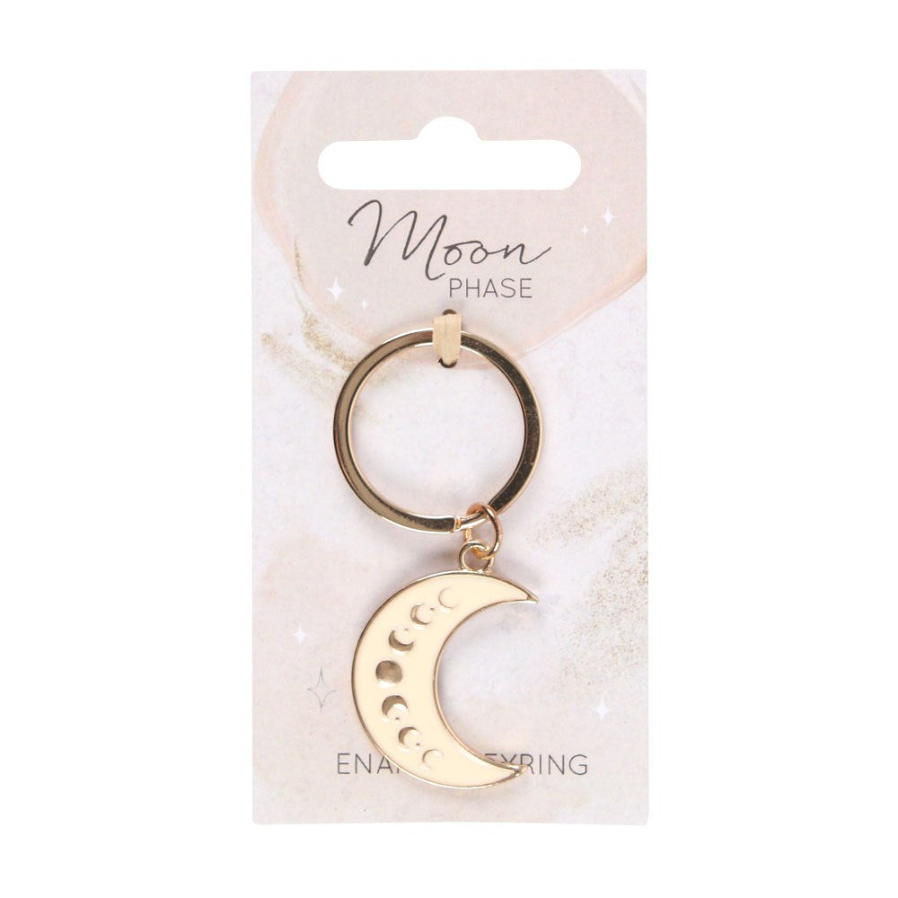 Crescent moon shaped metal keyring featuring engraved moon phases design and attached keyring loop.