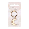 Crescent moon shaped metal keyring featuring engraved moon phases design and attached keyring loop.