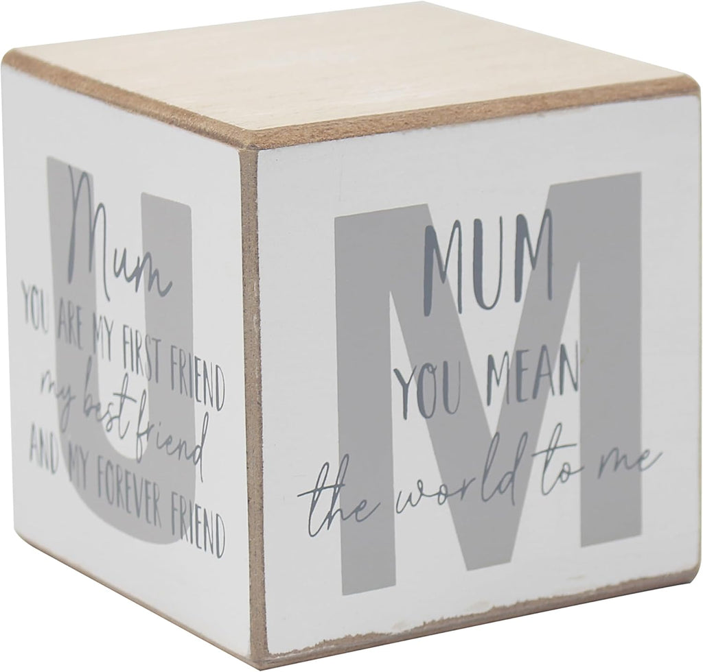 Wooden sentiment cube block featuring a heartfelt message for Mum with rustic decorative finish.