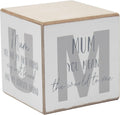 Wooden sentiment cube block featuring a heartfelt message for Mum with rustic decorative finish.
