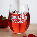 Stemless wine glass printed with 'My Blood Type is Wine' gothic lettering and bat illustrations