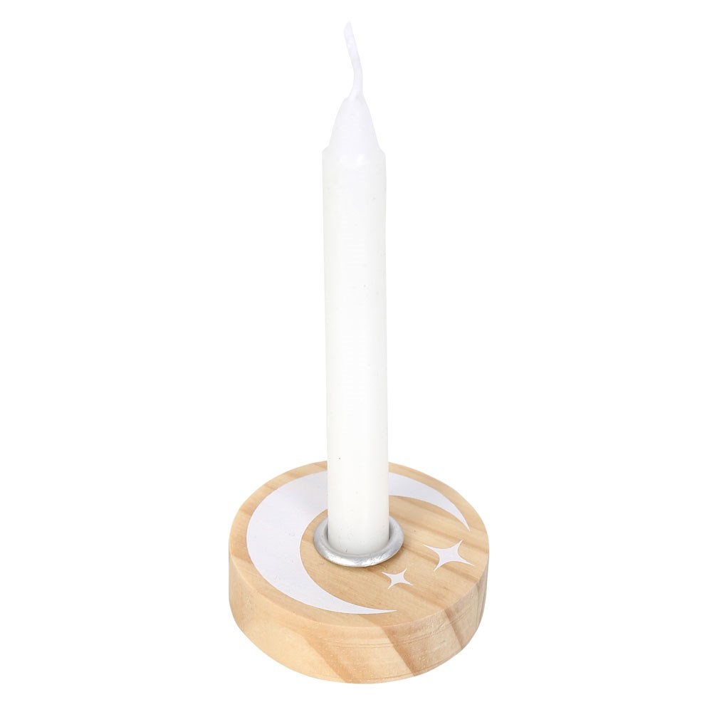 Natural Wood Moon & Stars Spell Candle Holder