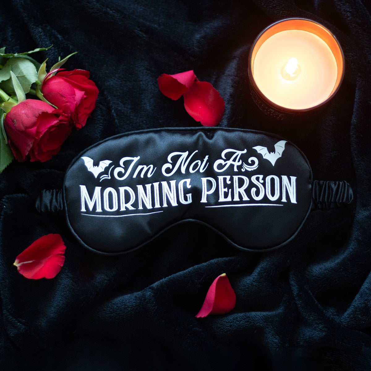 Satin sleep mask featuring “I’m Not A Morning Person” text with soft comfortable design for sleeping and travel.