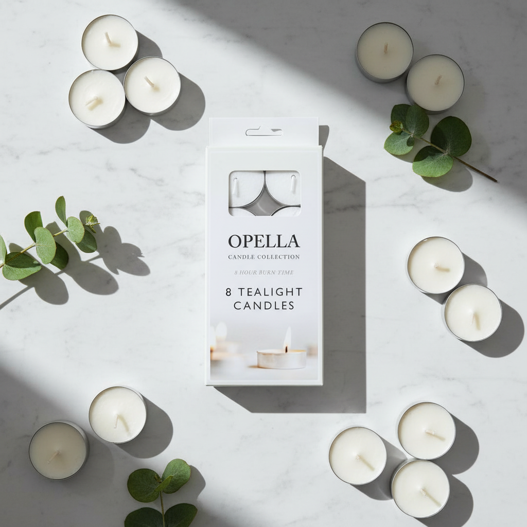 Pack of 8 Opella tealight candles with up to 8 hours burn time each, suitable for oil burners, wax warmers, and candle holders.