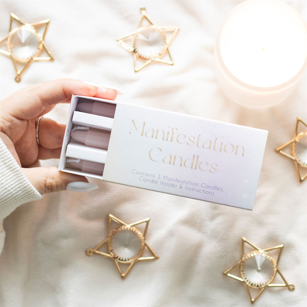 Pack of 3 manifestation candles supplied with a matching candle holder, designed for meditation, rituals, and intention-setting practices.