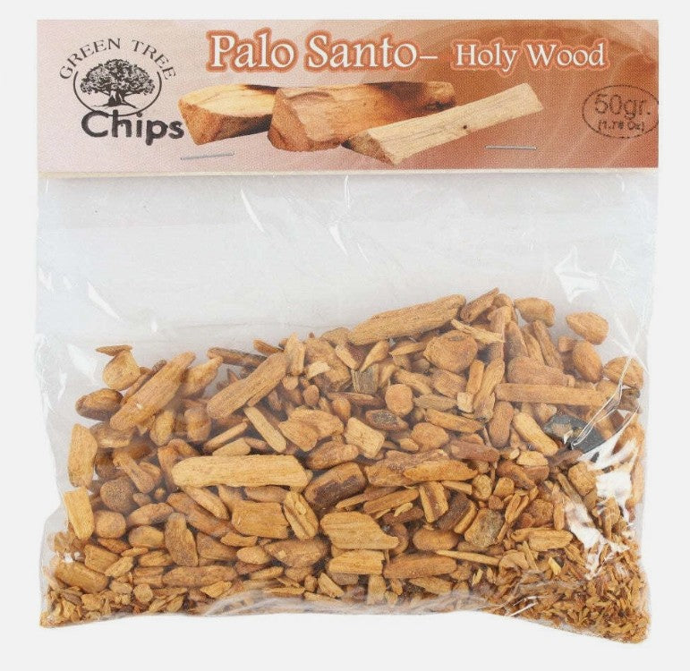 50g pack of Green Tree Palo Santo holy wood chips for incense burning, rituals, and aromatic use.