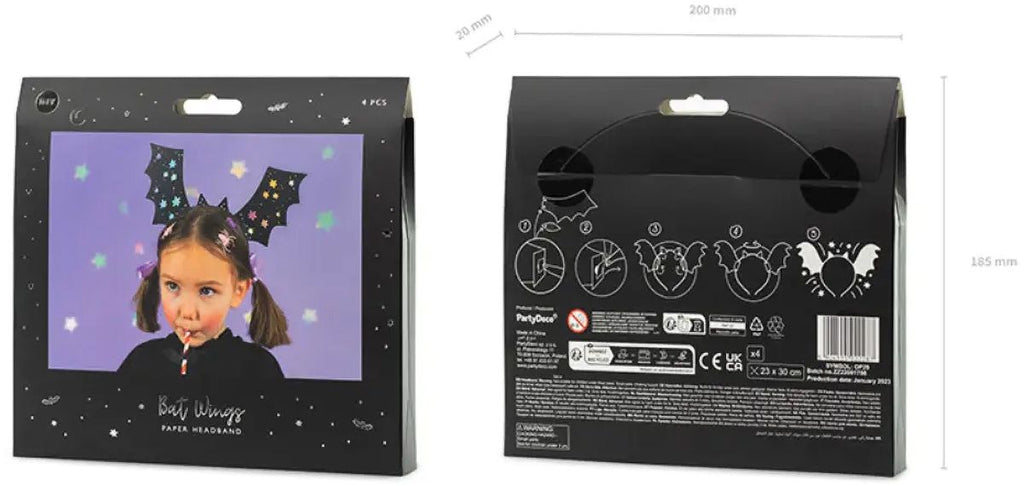 Pack of 4 DIY vampire bat paper headbands shown in black packaging with a child wearing the assembled bat wing headband, front and back of packaging shown