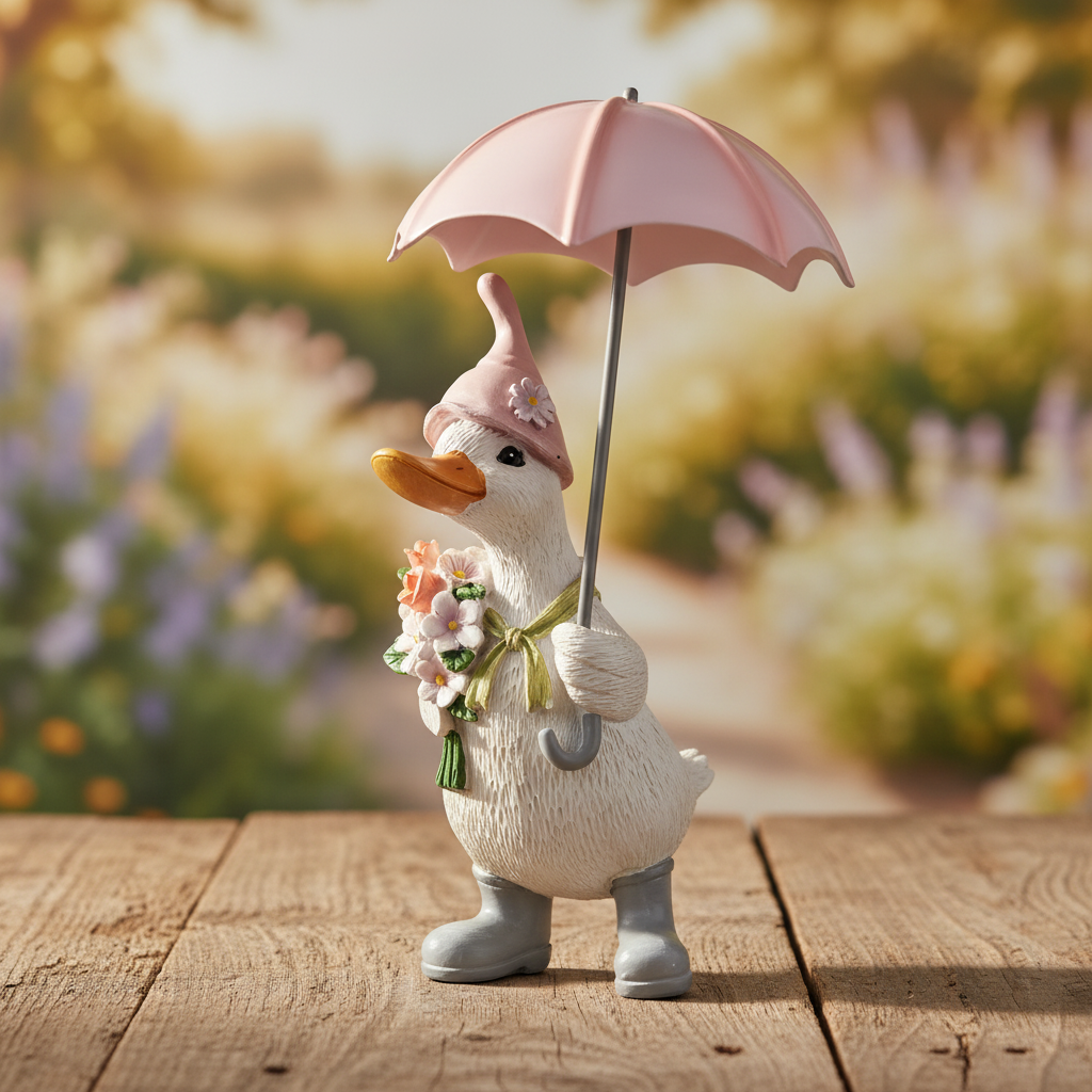 White resin duck figurine with pink pointed hat, flower bouquet and pink umbrella, wearing grey wellington boots