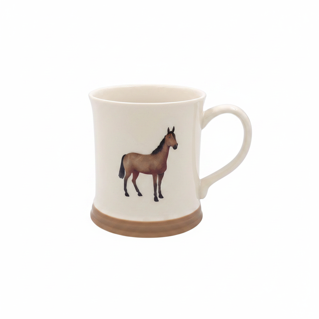 Cream ceramic tankard-style mug with an embossed bay horse illustration and sandy brown base, shown on a white background