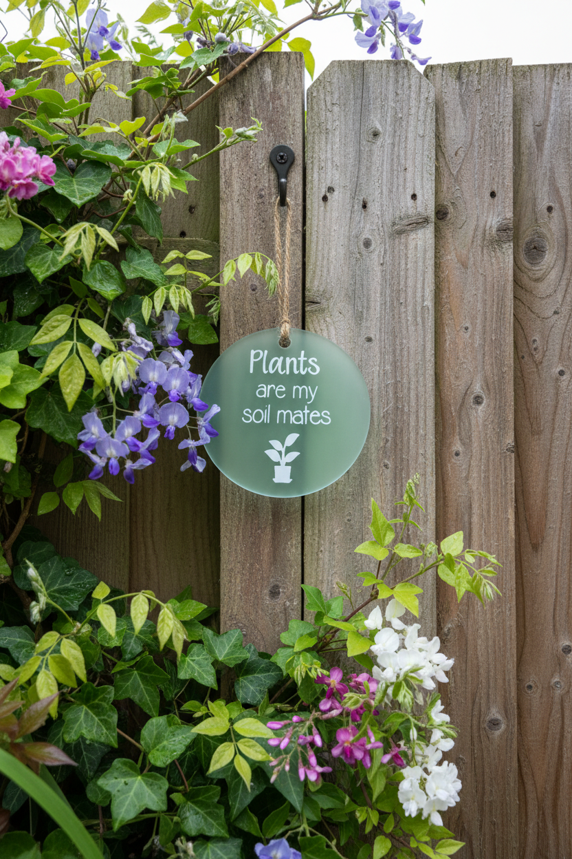 Round frosted glass "Plants Are My Soil Mates" hanging sign with twine, displayed on a rustic wooden garden fence surrounded by wisteria and flowers