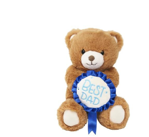 Brown teddy bear with a blue ribbon saying 'Best Dad' on a white background