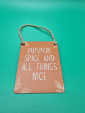 Small terracotta coloured mini metal hanging sign with Pumpkin Spice And All Things Nice in white lettering and embossed leaf corner details on a twisted twine hanger