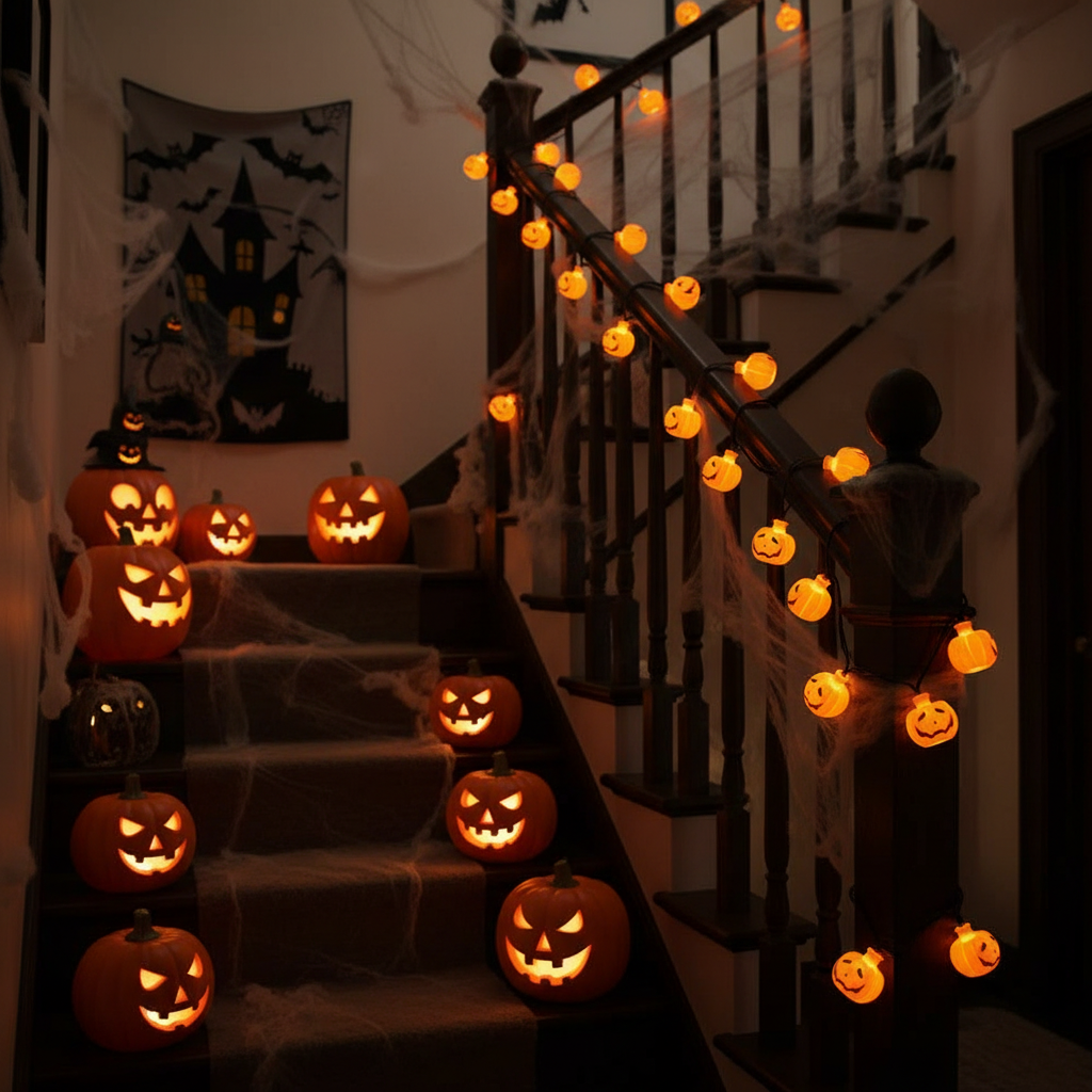 Pumpkin String Lights - Staircase Halloween Styling