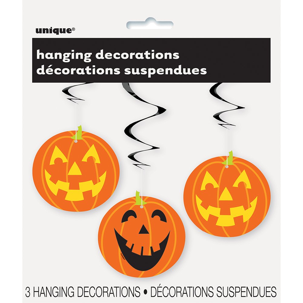Pack of three orange jack-o-lantern pumpkin swirl hanging decorations with different carved faces, shown in product packaging on a white background