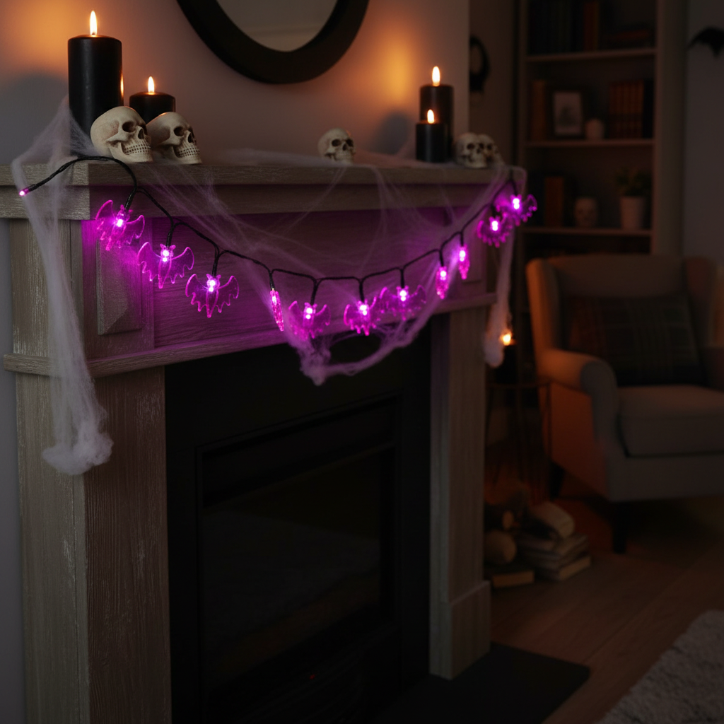 Purple Bat String Lights - Mantelpiece Halloween Styling