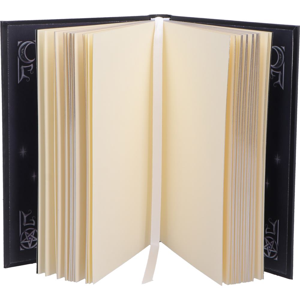 Interior of Cult Cuties Purrah A5 hardback journal showing cream blank pages with a white ribbon bookmark, gothic pentagram and moon spine detailing visible