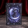 Cult Cuties Purrah A5 hardback journal — black cover featuring a witchy cat in a pointed hat seated on a crescent moon, surrounded by stars, skulls and pentagrams in purple and silver tones