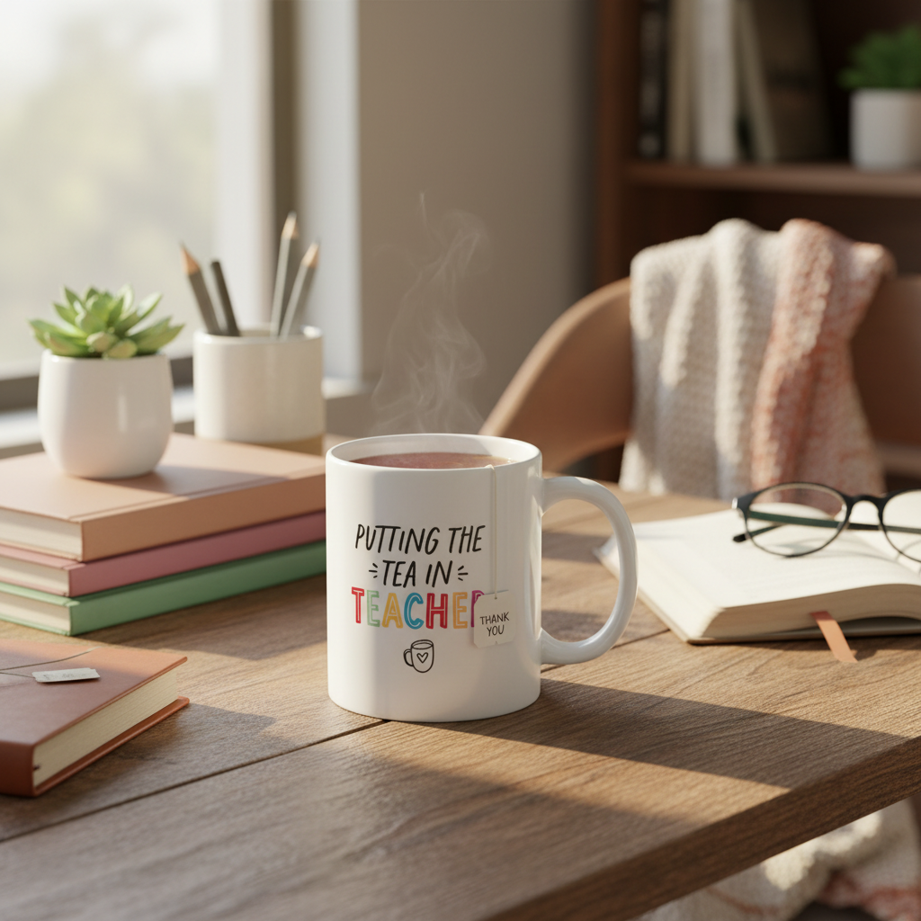 Putting The Tea In Teacher Ceramic Mug - Lifestyle Image