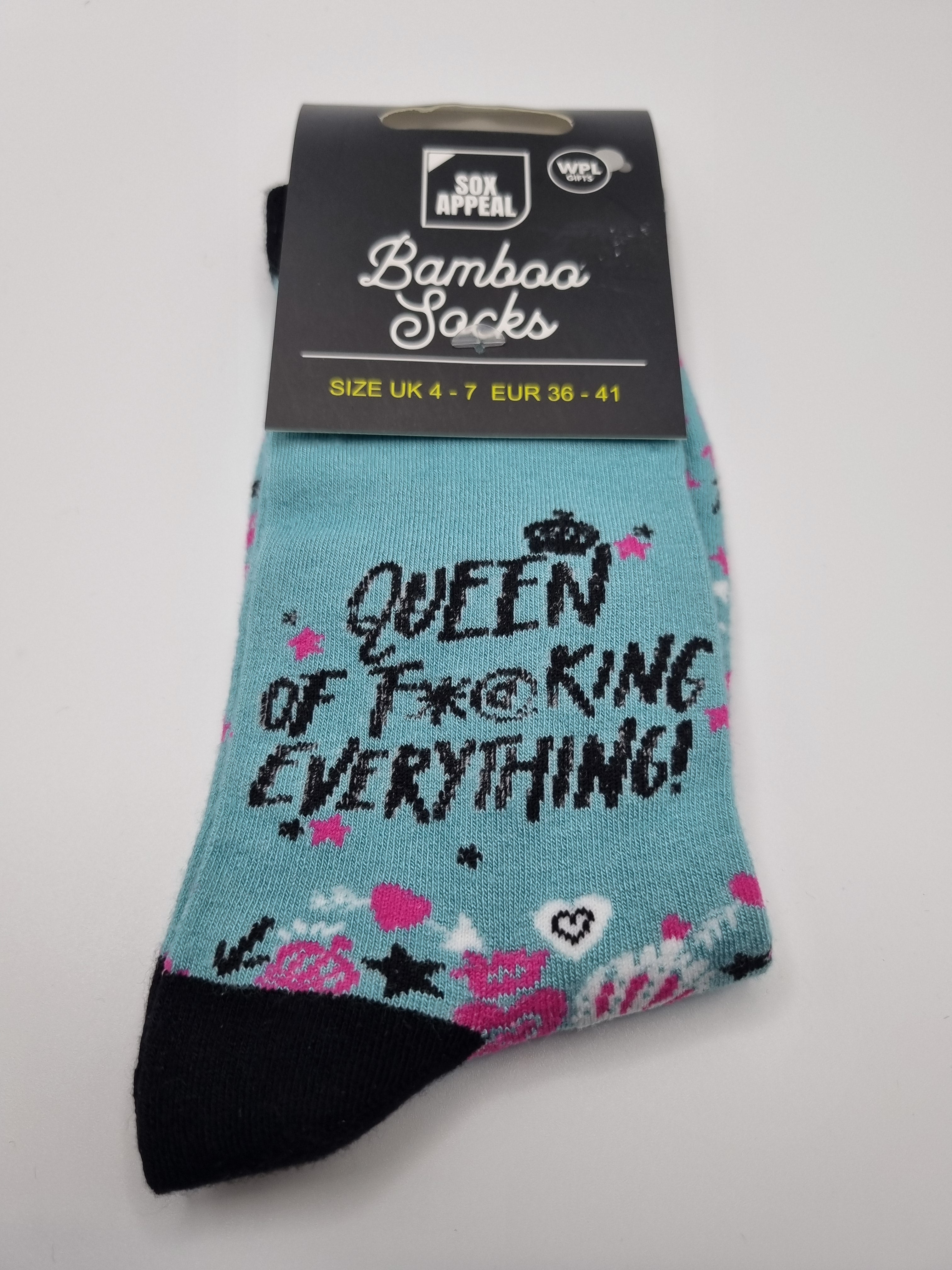 Teal Queen of Fing Everything novelty women's bamboo socks with black text, pink hearts and stars, dark navy cuffs and toes, UK size 4–7, shown in packaging