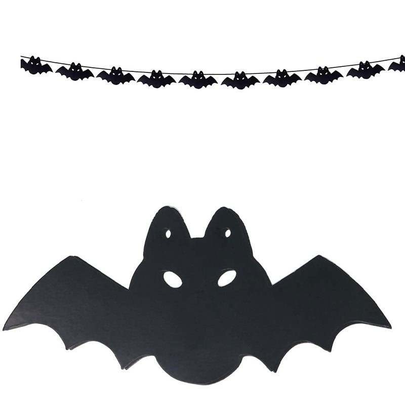 3m cardboard bat garland bunting with alternating red and black bat shapes strung on a cord, displayed against a white background