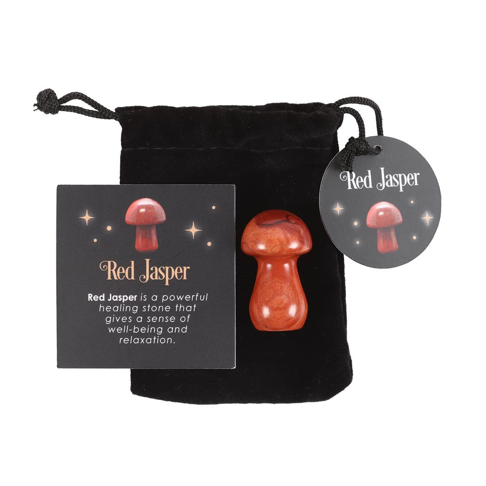 Red Jasper Crystal Mushroom Carving & Drawstring Bag