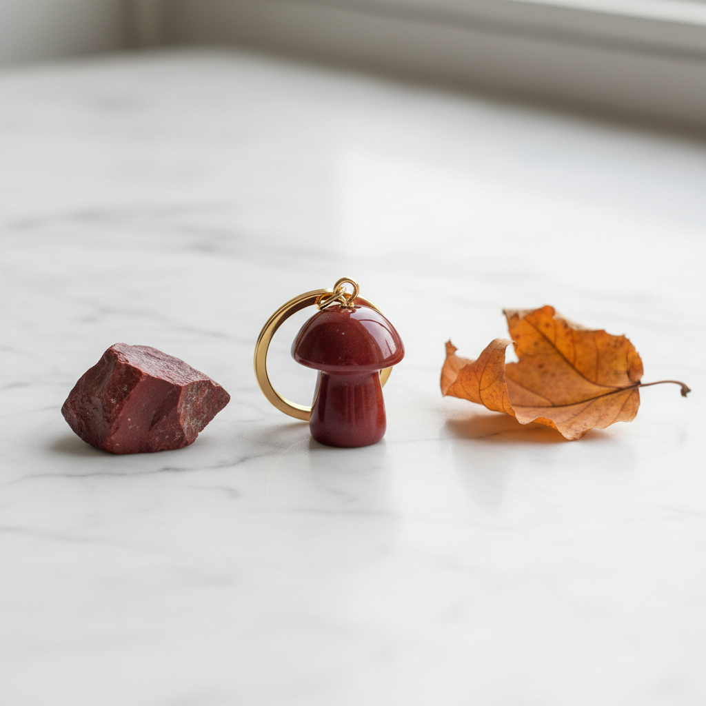 Red Jasper Crystal Mushroom Keyring Lifestyle