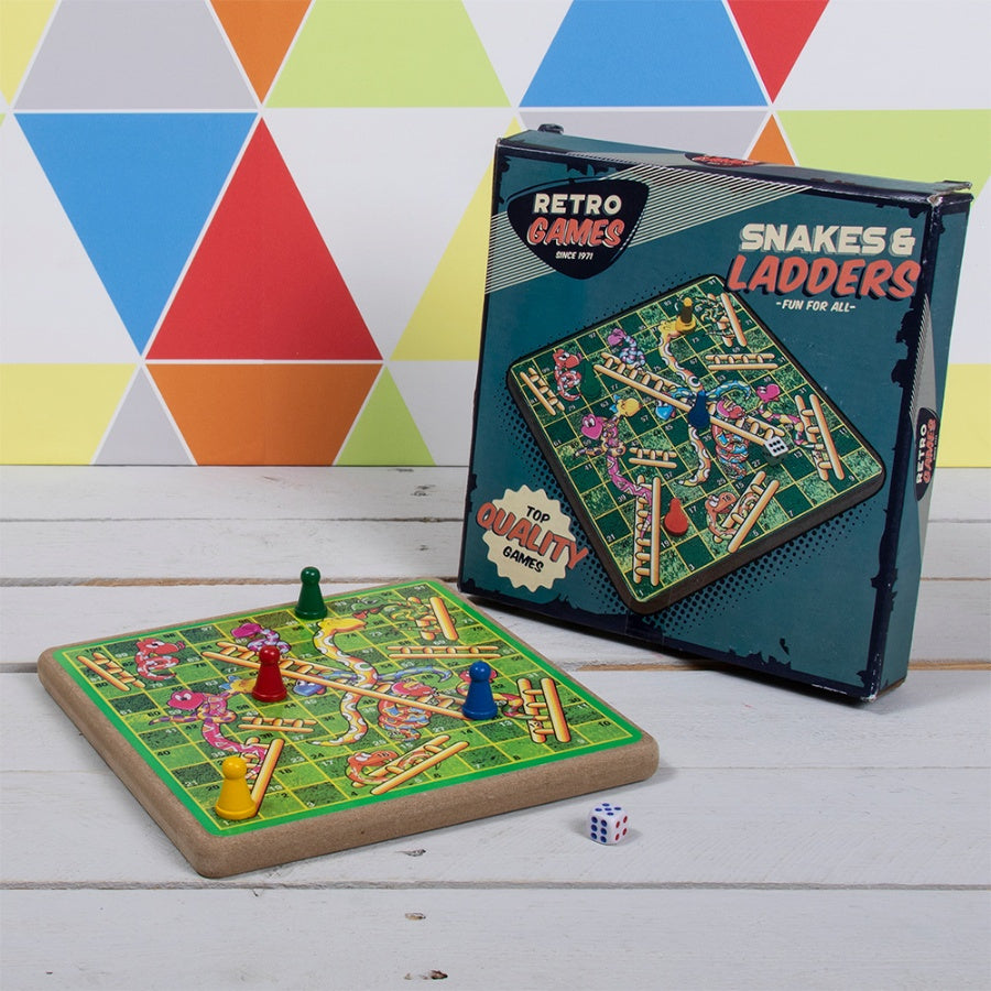 Retro wooden snakes and ladders board game, a nostalgic family favourite game