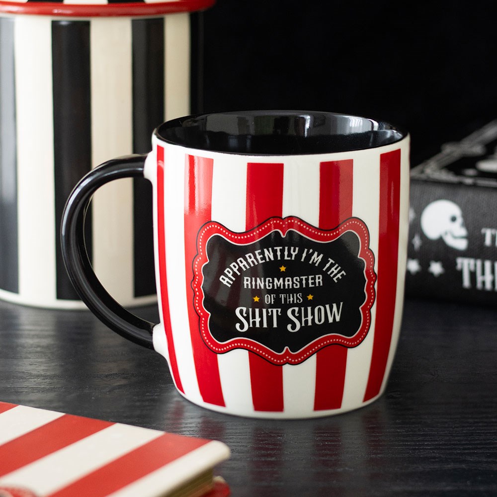 Red striped ceramic mug “Ringmaster of this shit show”, fun and bold design