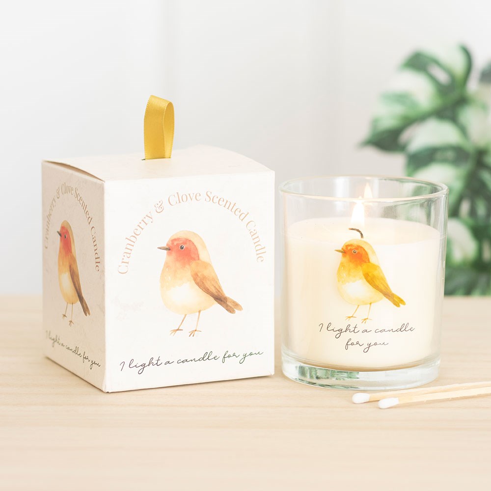 Robin remembrance scented candle with cranberry and clove fragrance in decorative memorial-style design.