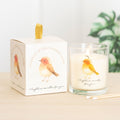 Robin remembrance scented candle with cranberry and clove fragrance in decorative memorial-style design.