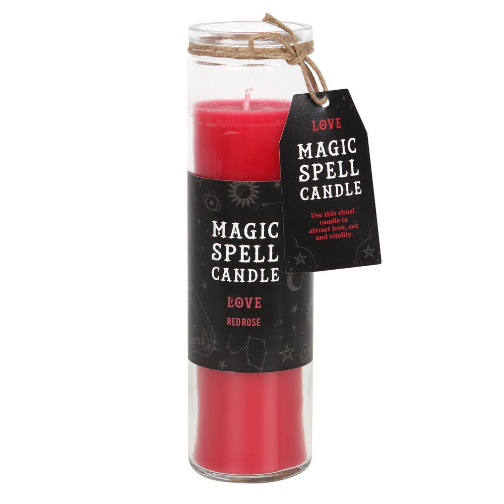 Red rose Magic Spell Love candle in a glass tube jar with black label and gift tag, on a white background