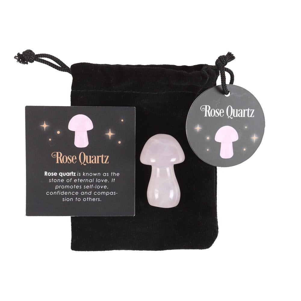 Rose Quartz Crystal Mushroom Carving & Drawstring Bag