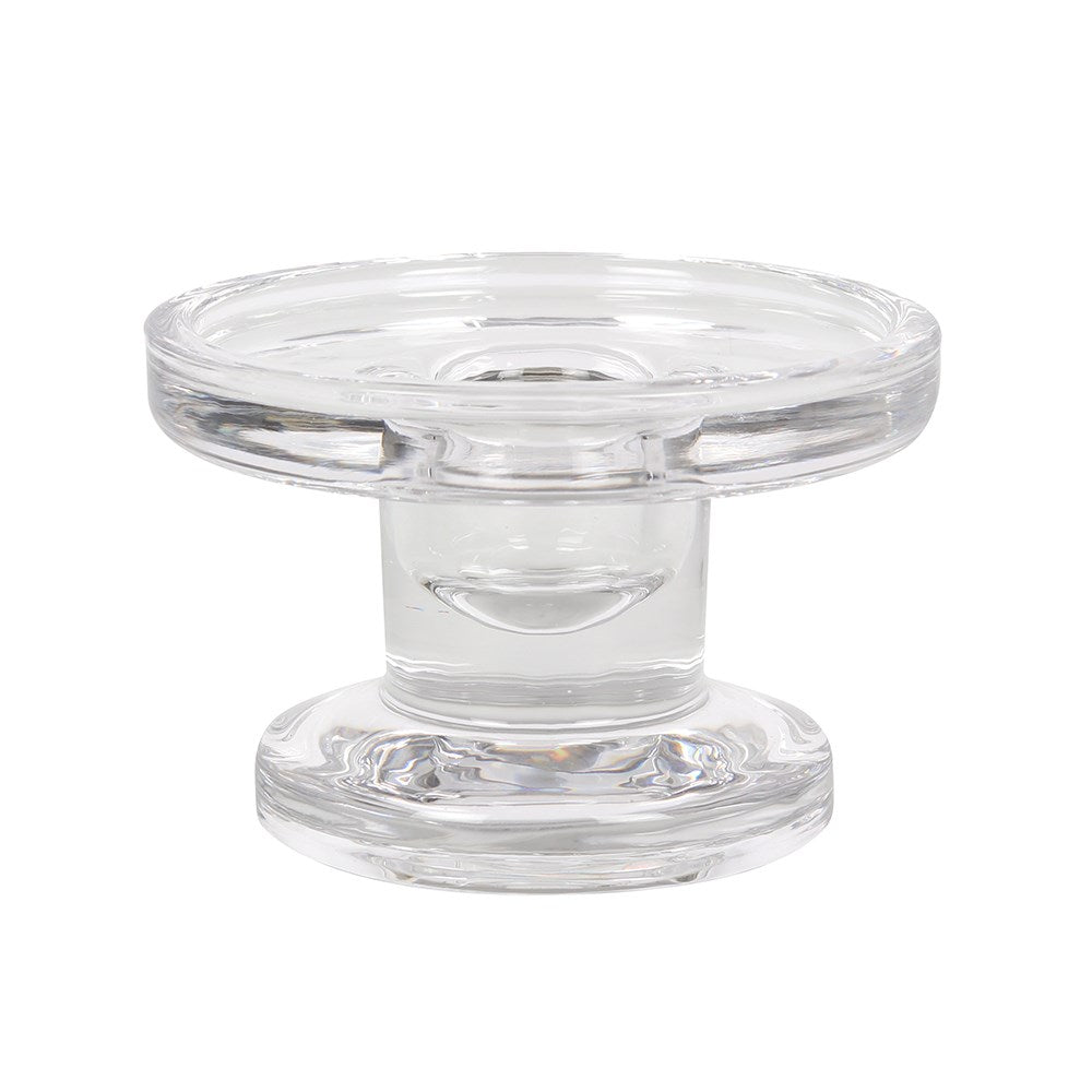 Round double ended glass candle holder designed for multiple candle styles with clear decorative glass finish.