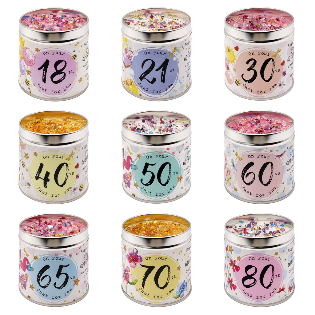 Scented milestone birthday glitter candles, available for different ages
