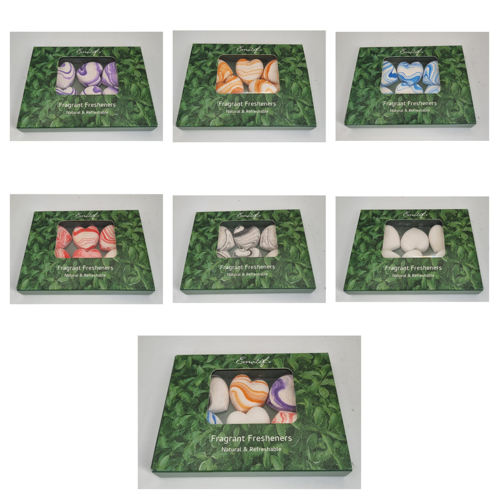 Emotif Fragrant Fresheners gift box with clear window showing six colourful marbled heart-shaped scented stones, on a white background
