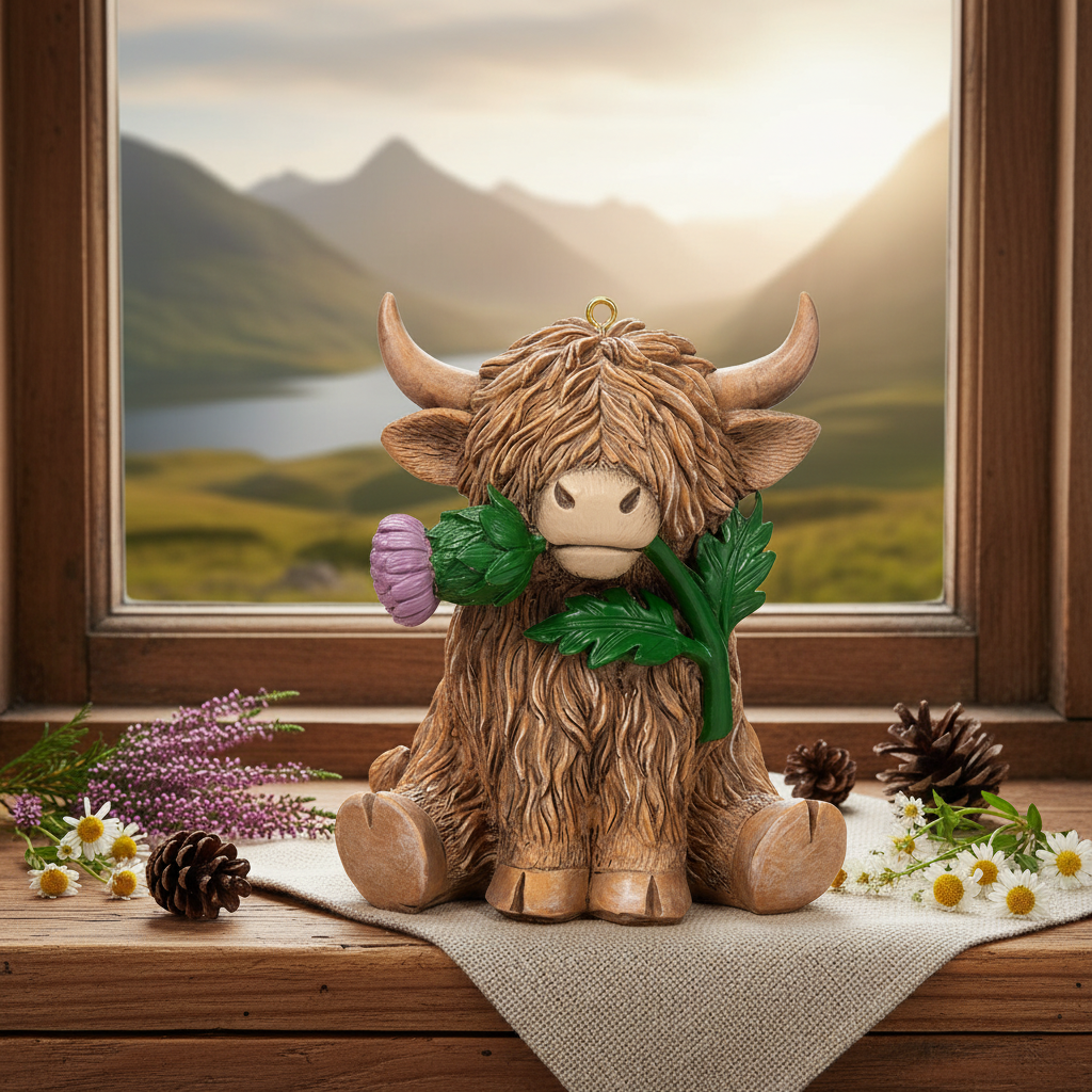 Scottish Thistle Highland Cow Ornament - Nature Styling