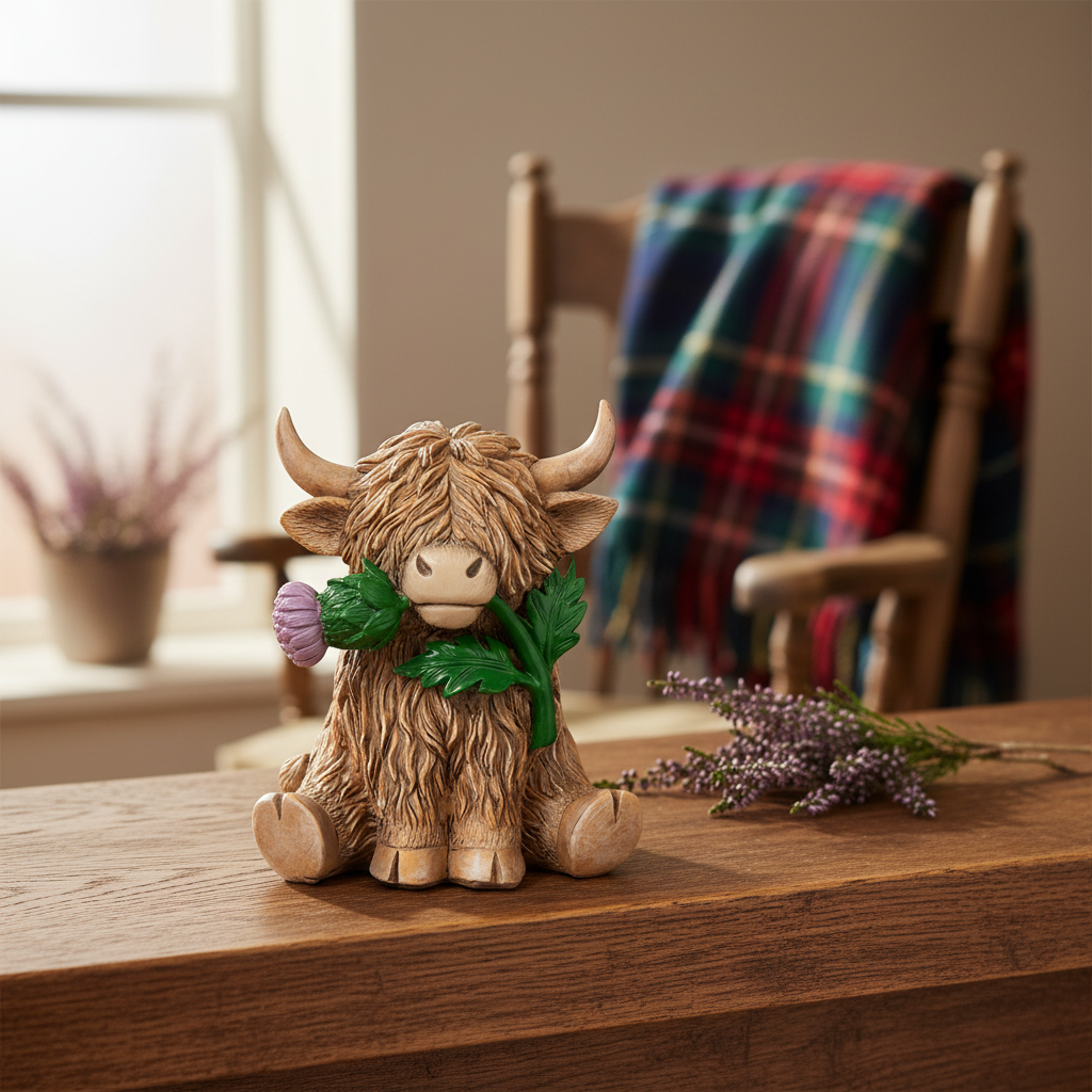 Scottish Thistle Highland Cow Ornament - Shelf Lifestyle