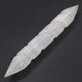 16cm selenite spiral wand featuring double pointed ends and a carved twisted crystal design.