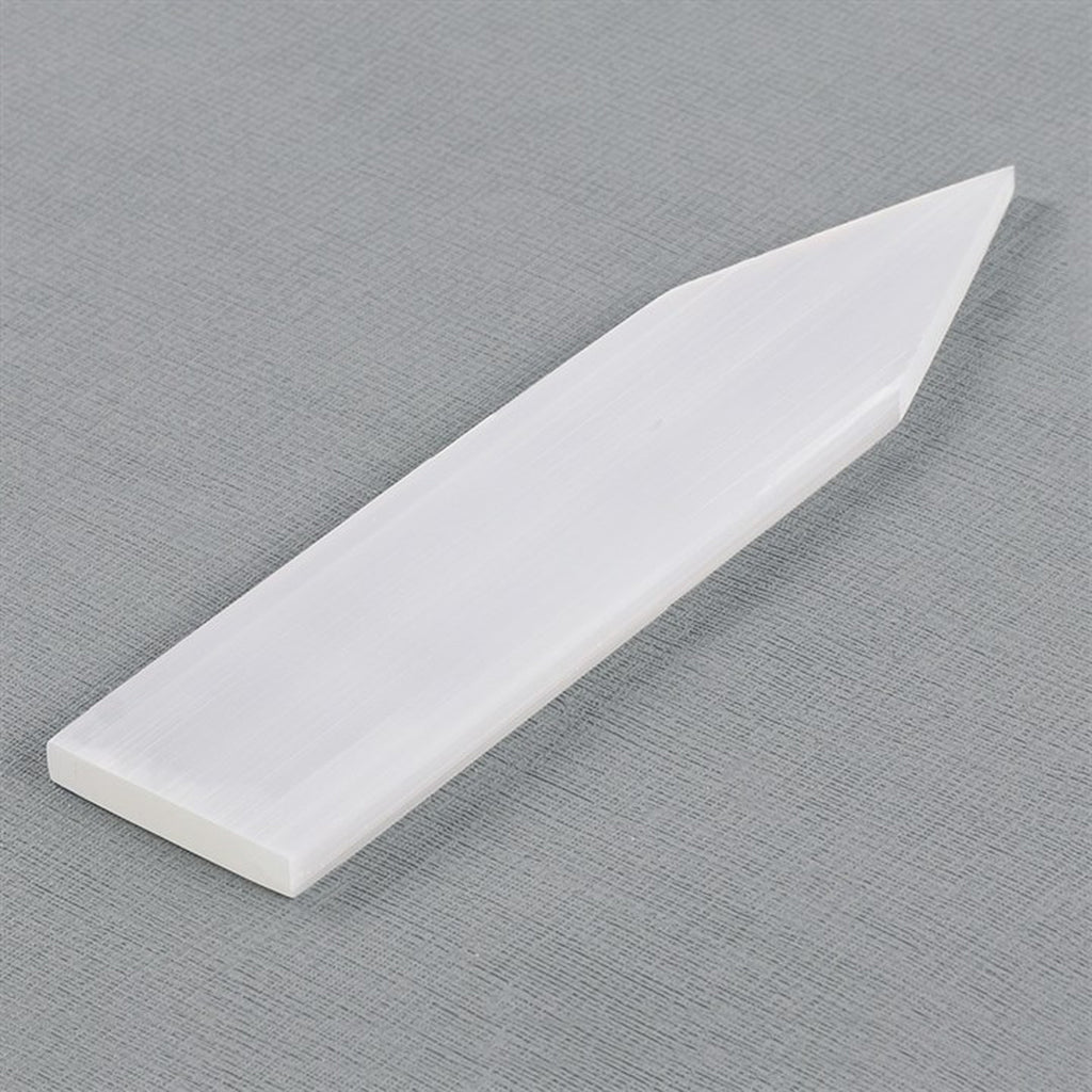 20cm flat selenite crystal wand with a polished surface and pointed end, crafted from natural white translucent selenite.