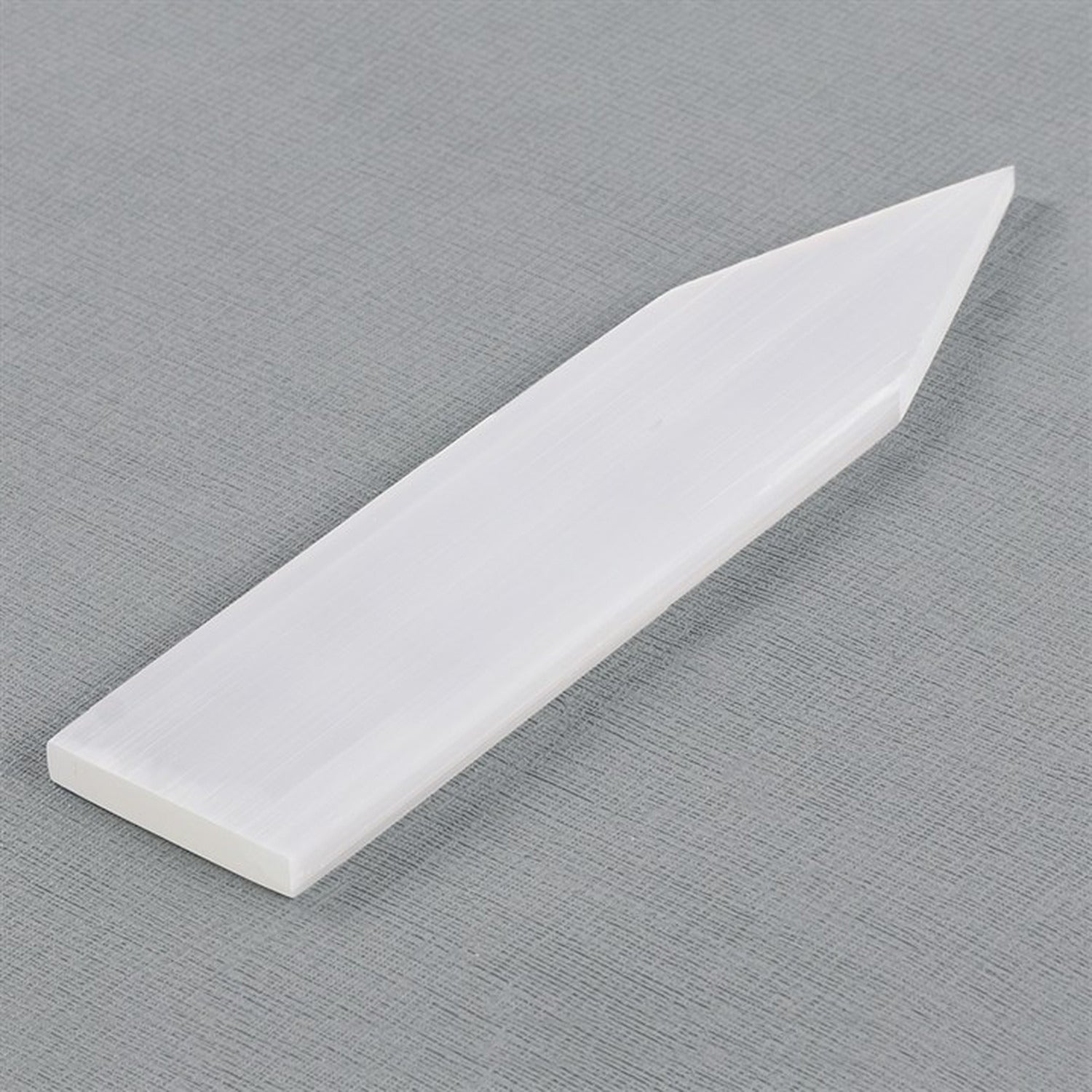 20cm flat selenite crystal wand with a polished surface and pointed end, crafted from natural white translucent selenite.