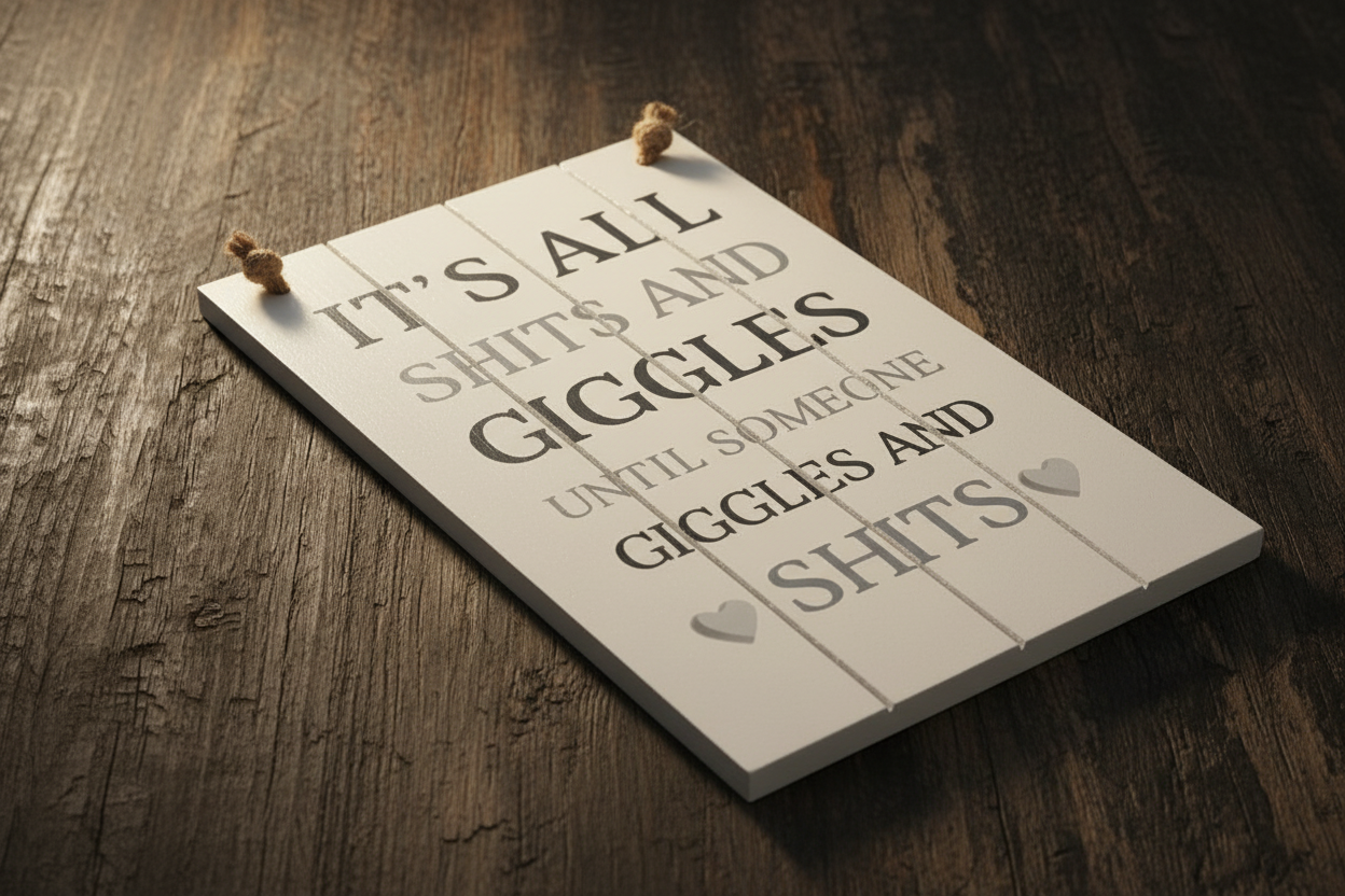 Sh1ts & Giggles Sign on Dark Surface - Tidy String