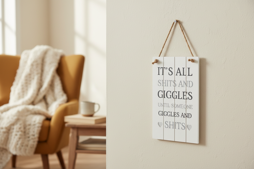 Sh1ts & Giggles Sign on Living Room Wall