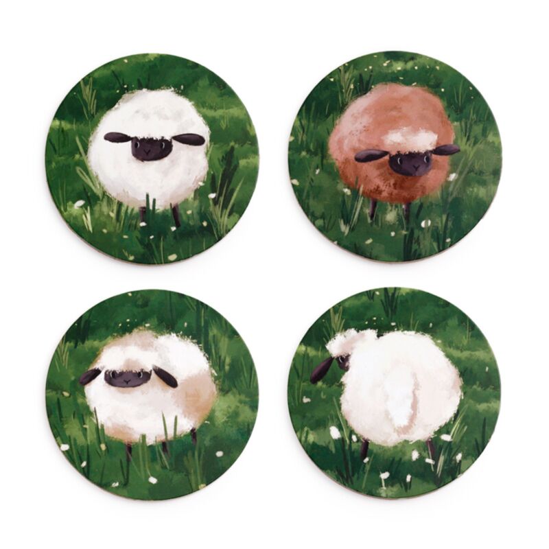 Set of 4 cork backed coasters featuring woolly sheep themed artwork with countryside-inspired design.