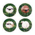 Set of 4 cork backed coasters featuring woolly sheep themed artwork with countryside-inspired design.