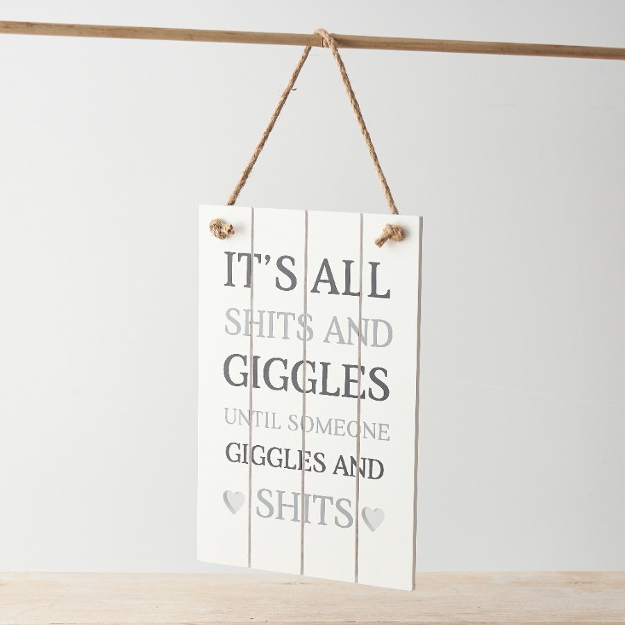 Funny wooden sign with “It’s all sh1ts and giggles” quote, humorous home decor piece